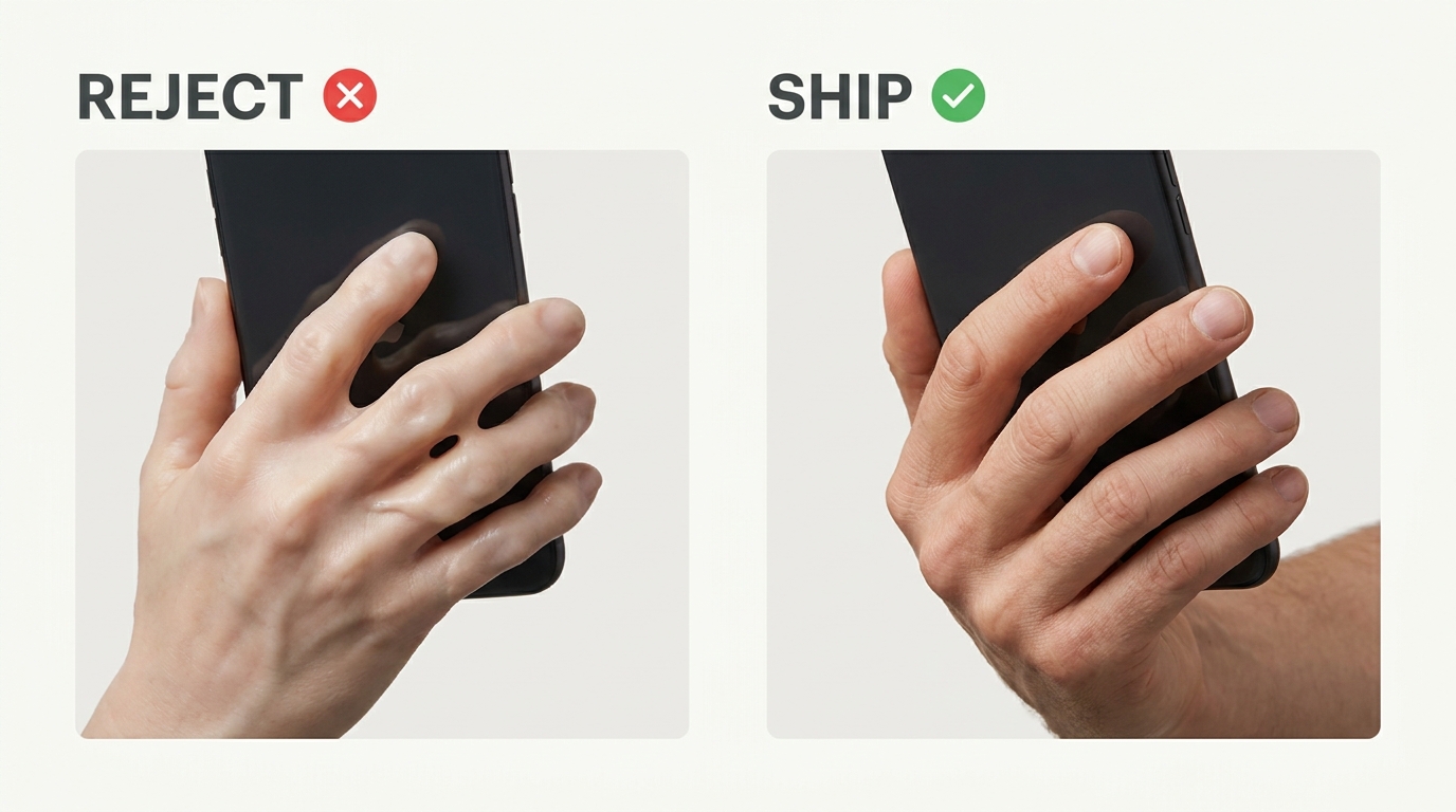 An AI-generated hand with fused, melting fingers labeled "reject" next to a clean corrected frame labeled "ship"