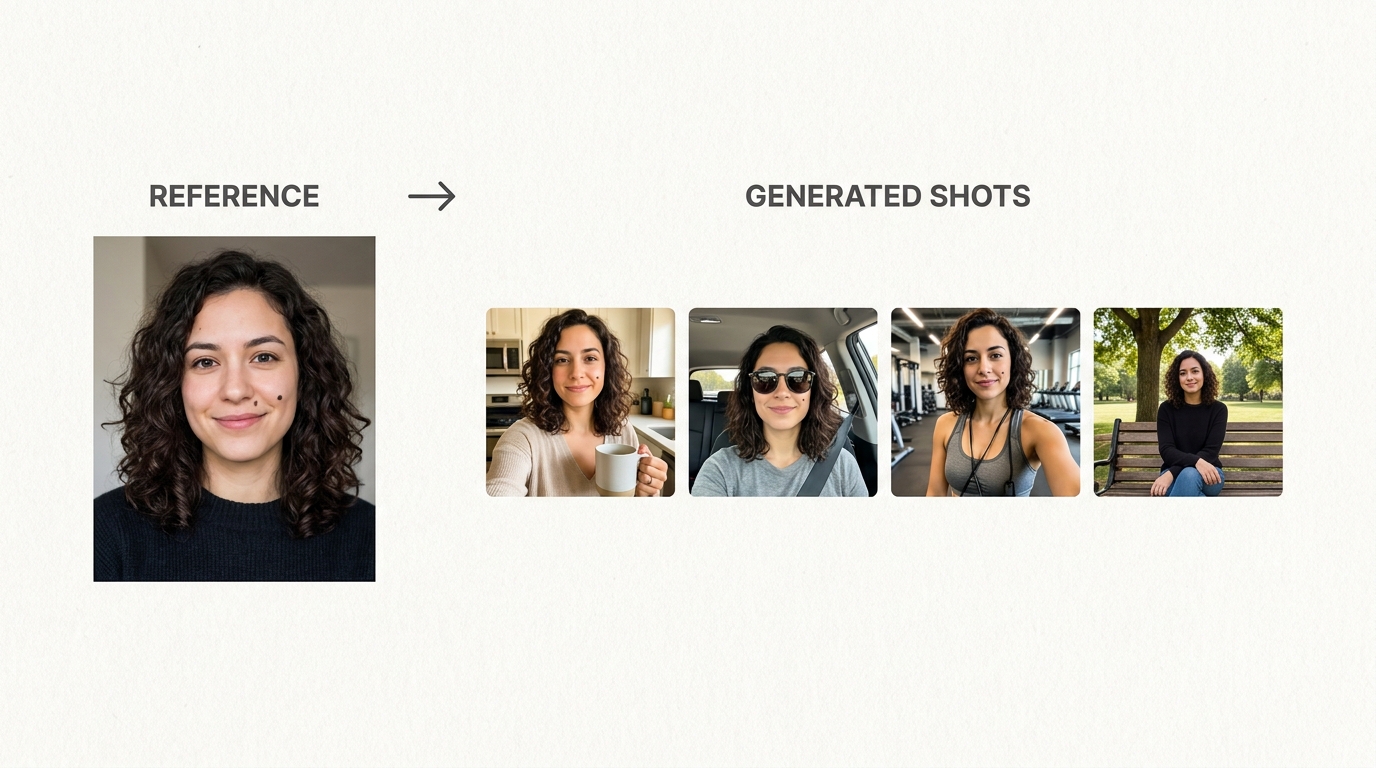One reference headshot and four generated frames of the same person in different scenes
