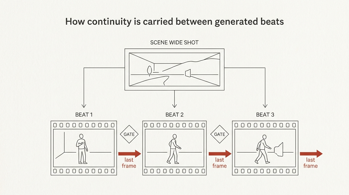 How continuity is carried between generated beats: each beat's last frame and the scene's wide shot feed the next beat as references, with a gate between beats