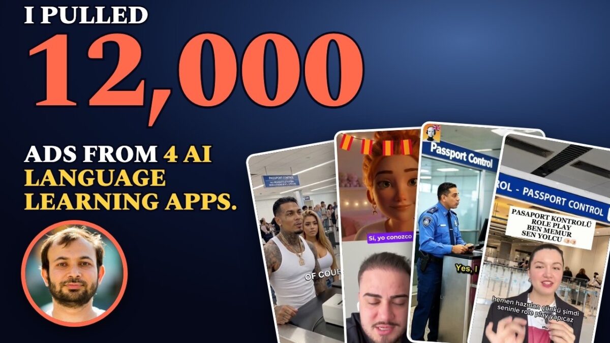 Four AI language learning app ads: BetterSpeak, Praktika, Linguza, and Learna