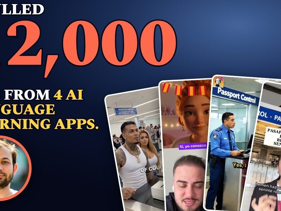 Four AI language learning app ads: BetterSpeak, Praktika, Linguza, and Learna