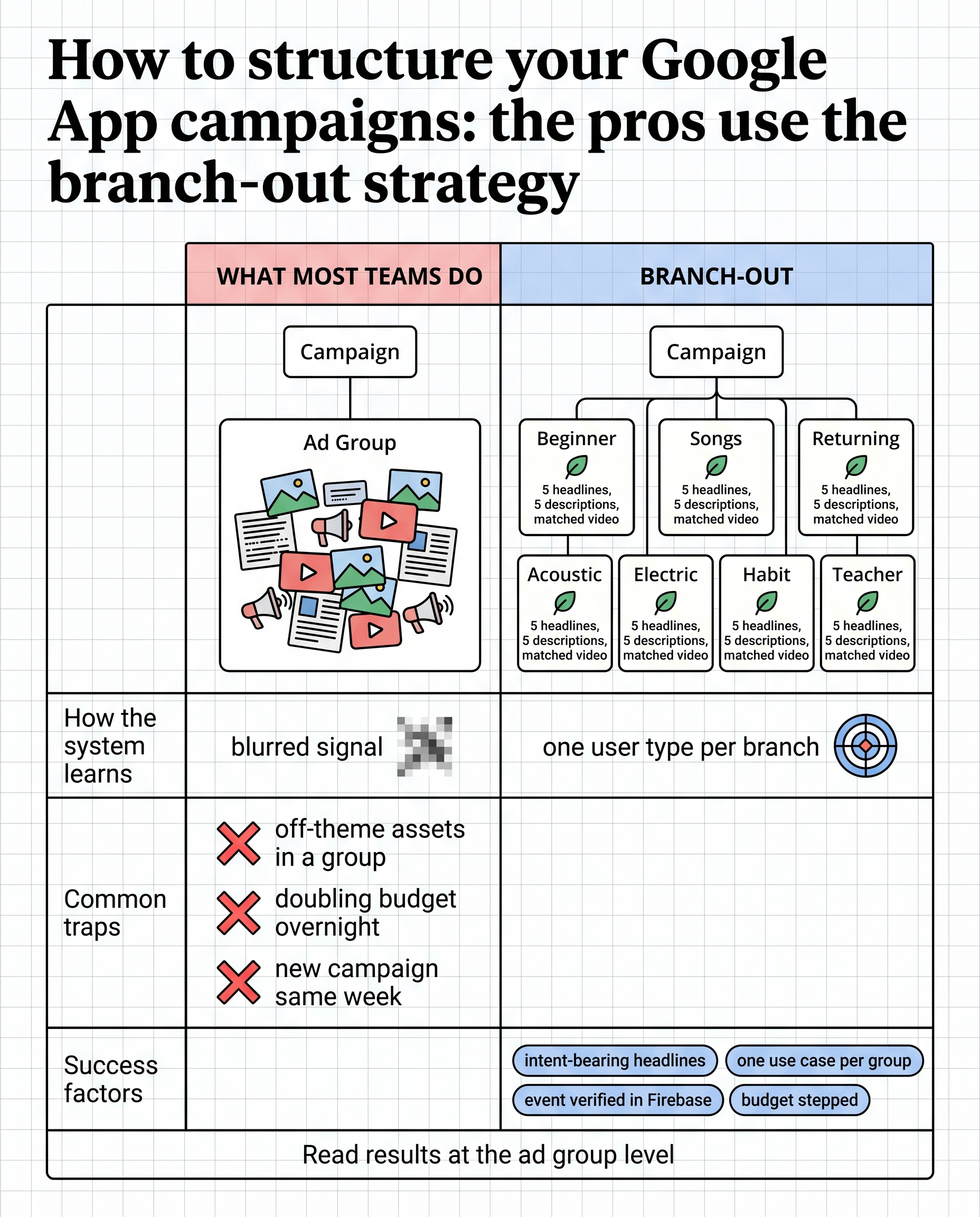 How to structure your Google App campaigns: what most teams do (one ad group, every asset) vs the branch-out structure (one campaign, seven themed ad groups with five headlines, five descriptions and matched video each)