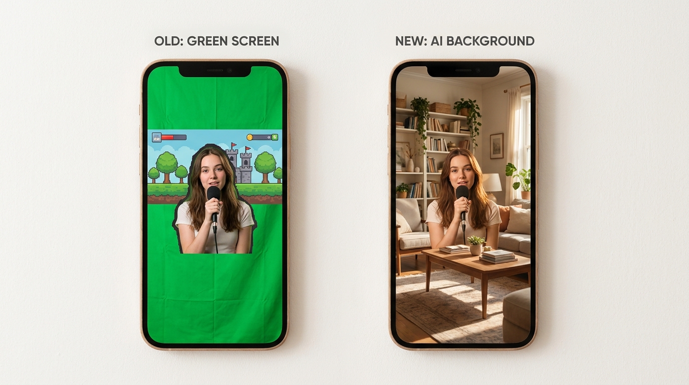 The old green-screen compositing workflow next to the same creator placed into an AI-generated background