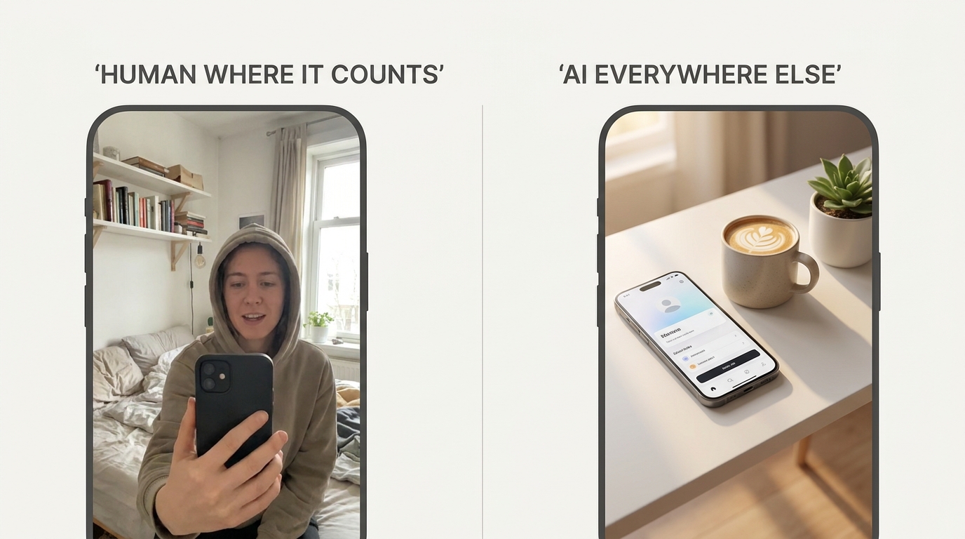 A real creator's talking-head hook next to an AI-generated b-roll frame: human where it counts, AI everywhere else