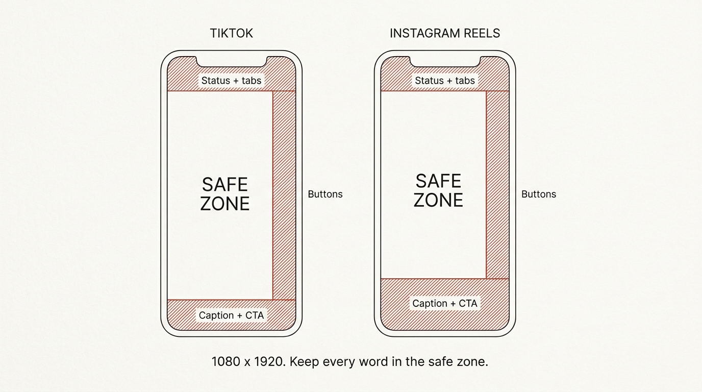 Illustrative 9:16 safe-zone template showing the TikTok and Instagram interface zones and the clear safe region in the centre. Check each platform for current exact dimensions