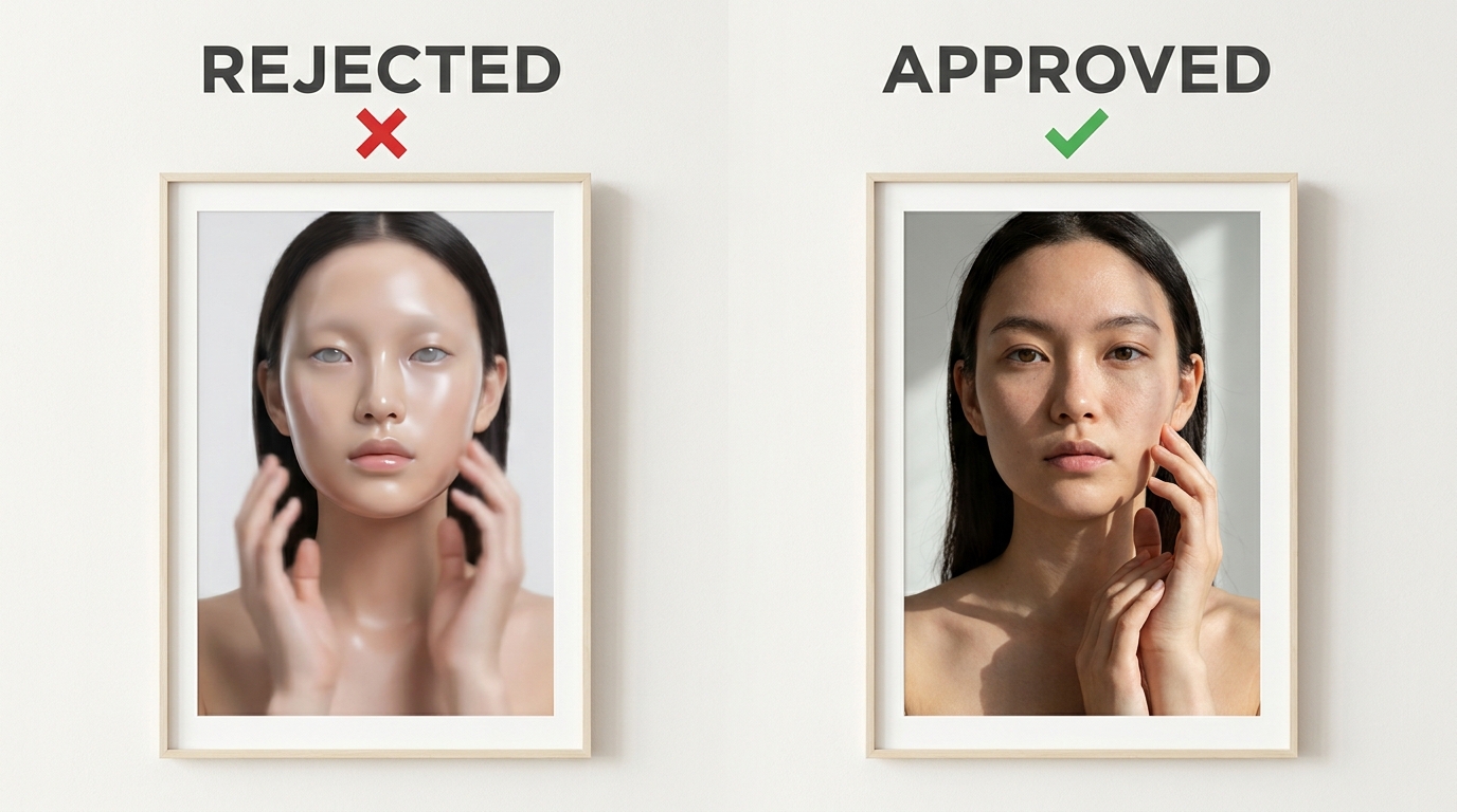 A rejected AI frame with plastic skin next to an approved frame with natural texture