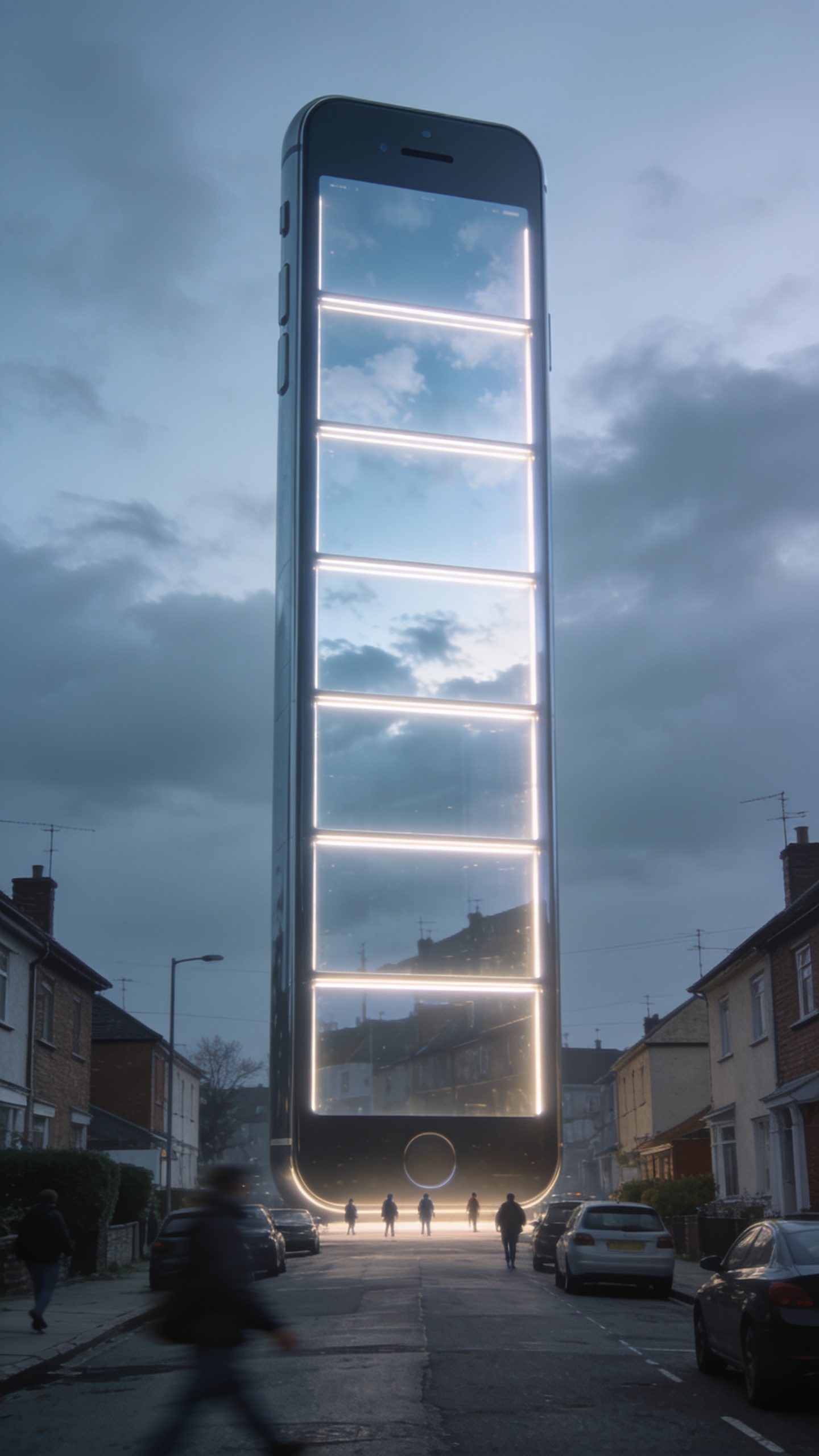 A surreal AI-generated visual hook: a giant smartphone standing in the middle of an ordinary street