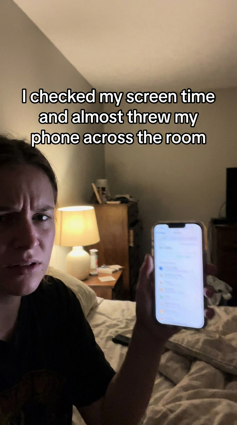 First frame of a video ad with the overlay "I checked my screen time and almost threw my phone across the room"