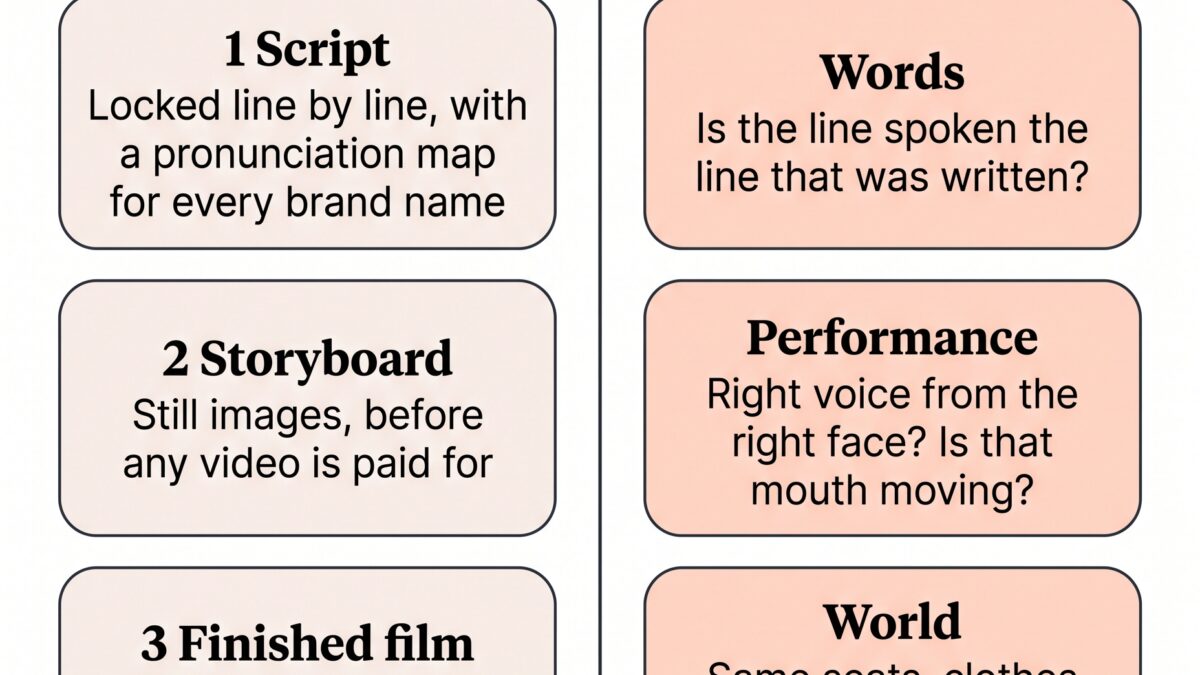 Two columns: people check the script, storyboard and finished film; machines check words, performance and world on every scene.