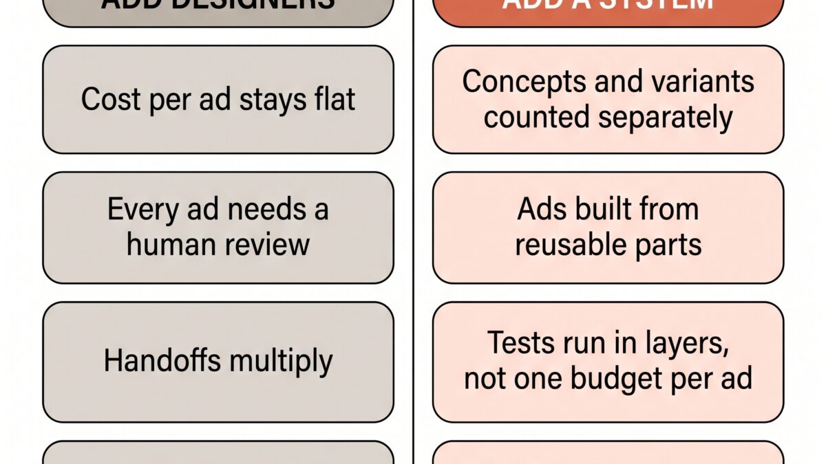 Two columns: add designers (cost and review time rise with every ad) versus add a system (concepts, modular parts, layered tests, machine checks and clear roles).