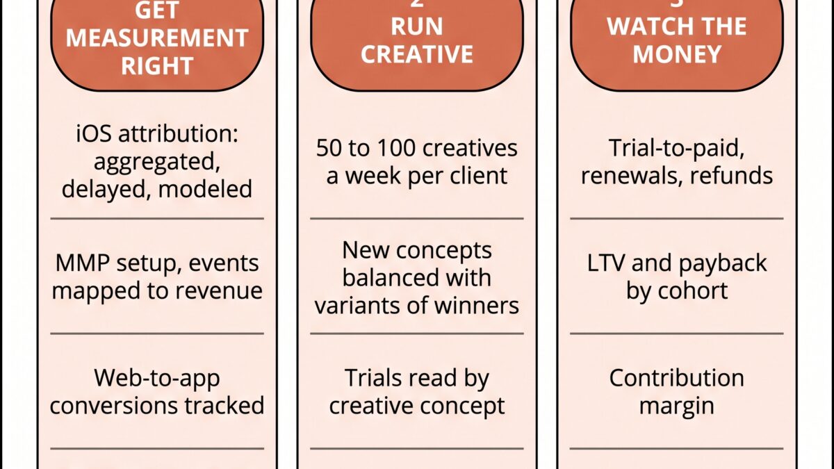 Two-function diagram: a subscription app growth agency gets measurement right (iOS attribution, MMP setup, events mapped to revenue, web-to-app, reconciliation), then runs creative at 50 to 100+ a week and monitors trial-to-paid, renewals, LTV, payback and profit.
