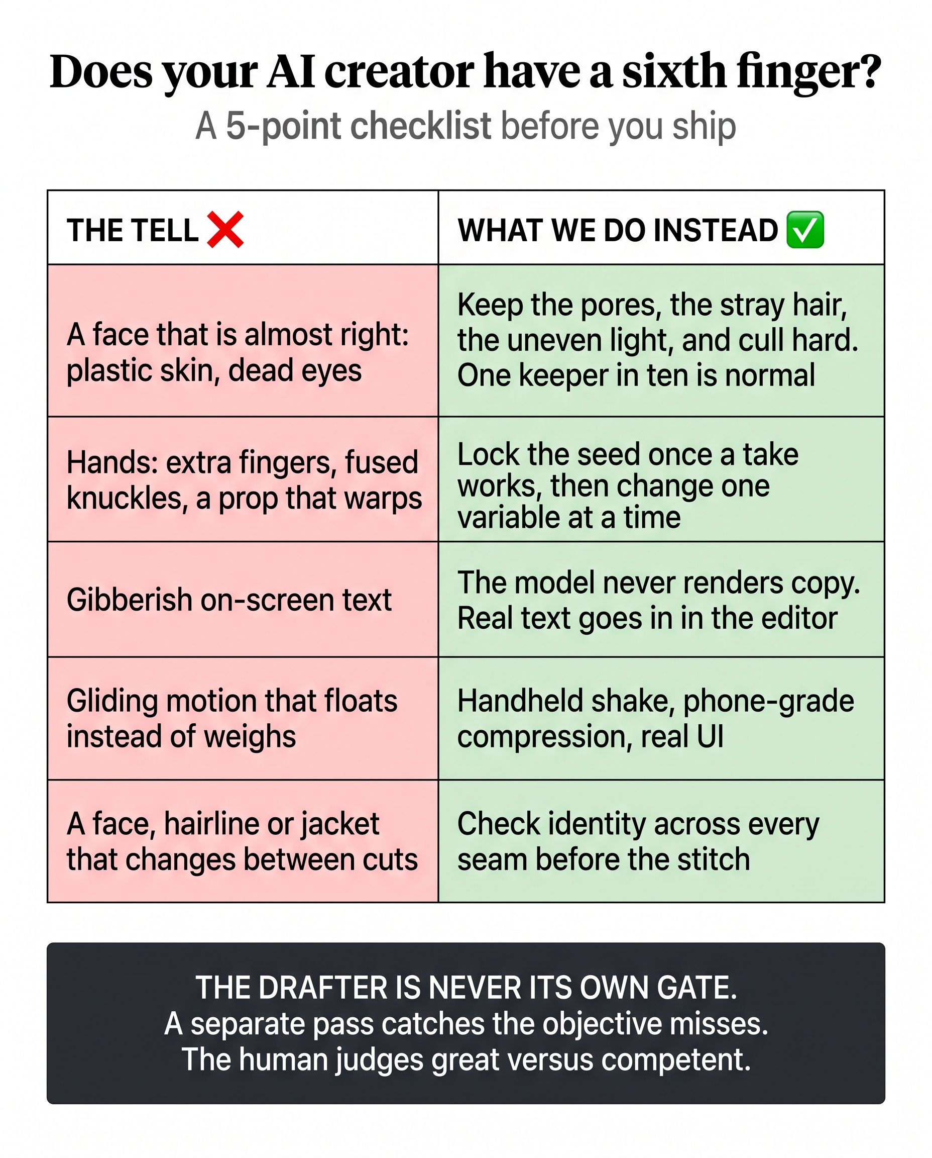 Does your AI creator have a sixth finger? A 5-point checklist of tells and fixes before an AI ad ships